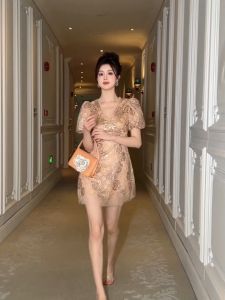 ZYHT EraVogue Váy nữ Váy vàng Váy hình chữ A Váy Sequin Váy công sở Váy Hiso Váy cổ điển Váy công sở Váy dự tiệc Váy dạ hội 21368