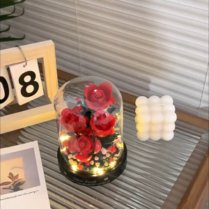 ตัวต่อดอกไม้ ตัวต่อ DIY บล็อกตัวต่อ ดอกไม้สร้างบล็อก บล็อคตัวต่อดอกไม้มีไฟ ฝาครอบใส+ฐานรองมีไฟ