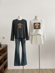 Sweet Korean Style Long Sleeve T-Shirt Casual Loose Womens Fashionable Print Top for Commuting Autumn 2025 Polyester Fiber