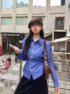 Classic Slim Fit Womens Long Sleeve Shirt Checkered Pattern PUAN Studio American Retro Design Street Style Fashion