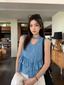 chaqi | V-neck Slim Fitting Blue Ribbon Camisole for Summer