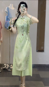 Váy Dài Màu Xanh Lá Cây Phong Cách Mới Cho Bé Gái Thường Ngày Có Thể Mặc Được Váy Dài Tay Ngắn Mùa Hè Vải Polyester Thanh Lịch