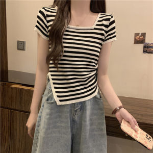 QIANSHUIYIYUN | Plus Size Conceal Tummy Striped T-Shirt