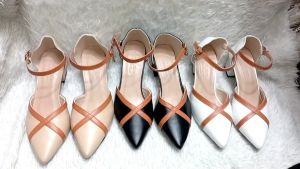 Giày cao gót vuông 5p bít mũi da mềm dây mảnh nâu chéo mũi chân - BM126