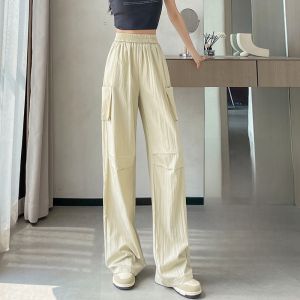 JIANGLU | Summer Ice Silk Wide Leg Pants Womens Beige Drapey High Waist Lazy Casual Workwear Trousers New 2025 Street Style Loose Fit