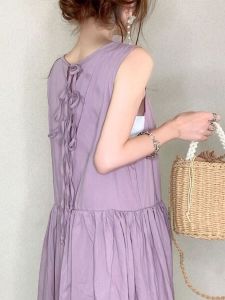 Dress Japanese Style Sleeveless Vest Dress Womens V-neck Loose A- line Cake Dress Cross-Border Vacation Style over-the-Knee Purple Dress