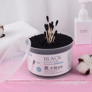 Tăm Bông Than Tre Màu Đen Tăm Tre 500 Chiếc Hộp Tròn Hai Đầu Trang Điểm Ngoáy Tai Tăm Bông Dùng Một Lần