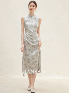 Original JANSAN Eastern Style Silk Cheongsam Dress Embroidered Gathered Waist New Chinese Style Evening Gown Womens Fashion