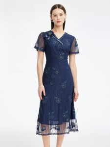 MY TENO | Elegant Short Sleeve Embroidered Dress Fashionable Mesh Skirt Long Womens Dress My Teno Brand Commute Style Simple Design