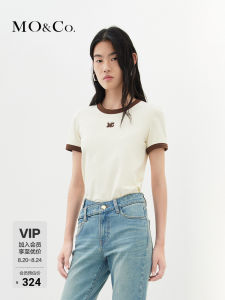 MoCo Contrast Color round Neck MC Embroidery Short Sleeve Slim Fit Cotton T-Shirt American Retro Top Street Style Womens Fashion