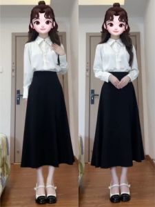 White Satin Shirt Womens Formal Interview Outfit Two-Piece Set Long Sleeve POLO Collar Button-Up Top with Skirt for Career