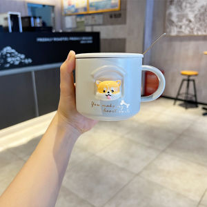 Cute Cartoon Ceramic Cup with Lid And Spoon Autumn Field Dog And Tosa Dog 301ml-400ml Capacity Water Cup for Students Office Home Couples