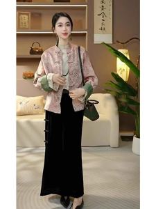 Trendy Brand Discount High-End New Chinese Style Song Jin Pink Print Jacket Womens Spring Autumn Half High Collar Long Sleeve Polyester Fiber