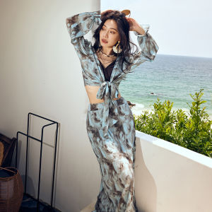 plus Size Bikini Swimwear Long Sleeve Beach Vacation Two Piece Set Womens Long Skirt Sensation Leg Covering High End Feel