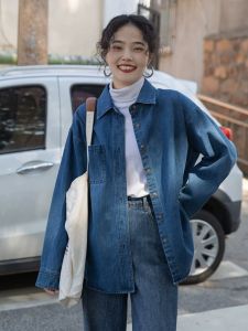 Blue Denim Shirt Womens Layering Inner Wear Spring Autumn New Style French Elegant Top Coat POLO Collar Long Sleeve Loose Fit