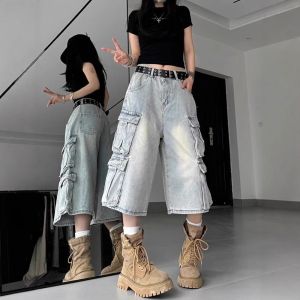 Summer thin loose straight tube American retro trend multi pocket workwear denim seven quarter shorts