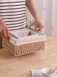 Nordic Rattan Storage Basket Hand-Woven Storage Box with Removable Liners Fruit Snacks Desktop Container Home Organizer