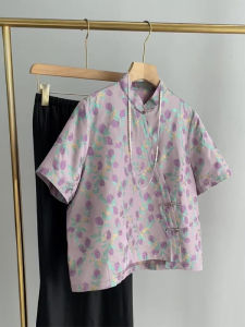 New Chinese Style Short Sleeve Shirt Purple Floral Print Button up Top Comfortable to Wear for Commuting Fashionable And Active
