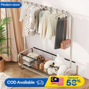 Silver Single Pole Strong Steel Structure Laundry Rack Space Saver Storage Rack Penyangkut Baju Rak Baju With Storage basket Rak Baju Besi 衣架带收纳篮
