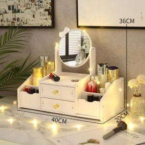 Elegant Cosmetic Storage Box with Mirror Integrated Desktop Makeup Desk Skincare Product Organizer Makeup Case Cabinet
