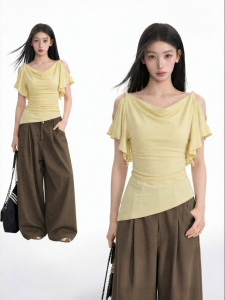 BAIDAIFEI | Áo Thun Tay Ngắn Peplum Dạng Quai Đeo Lộ Vai