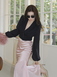 Dragon Happiness Rock Shirt Short Sleeve Long Shirt V-neck Pleated Design Business Commute Style Polyester Fiber Spring 2023