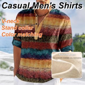 Colored 3D Printed Standing Collar Shirt Pure Cotton Simple Color Matching Large Size Top for Men