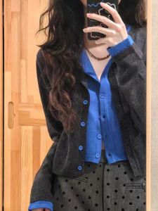 Blue Niche Design Fake Two-Piece Long Sleeves Knitwear Tops Female Early Autumn Loose Casual Sweater Cardigan Coat