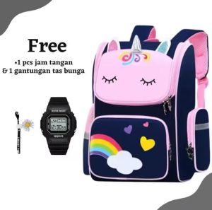 Tas ransel anak perempuan sekolah TK SD karakter unicorn gratis jam tangan dan gantungan tas bunga tas sekolah anak tas ransel tas anak