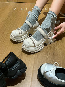 Miaolu Thick Heel Mary Janes Womens Shoes Magic Tape Casual Sports Heightening Slip-On Single Shoes Sweet Butterfly Knot
