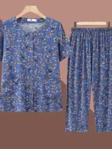 Women Summer Clothing Faux Silk Short Sleeve Suit Womens Clothing for the Elderly Two-piece Set Grandma Thin Floral Cardigan Top