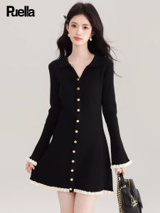 puella | FRENCH BLACK KNIT DRESS V-NECK WOOD EARS