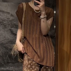 UYFY | Round Neck Lightweight Short Sleeve Knit Top Retro Hollow Out