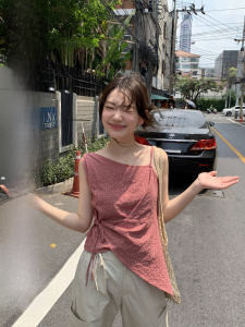 Elegant Strap Vest Womens Summer Outerwear Asymmetric Design Bandage Tank Top Stylish Casual Wear Polyester Fiber Short Length