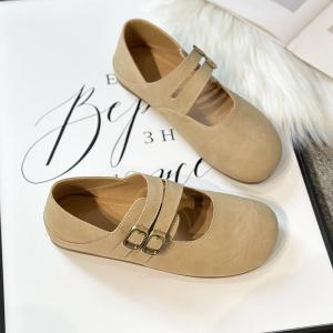 Retro Soft Leather Flat Bottom Shoes Womens Spring Autumn Low Heel Double Buckle Cute round Head Comfortable Single Shoes