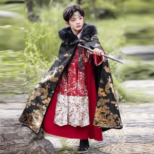 Boys Long Hooded Cang Coat Childrens Outfit Winter Outerwear Traditional Chinese Style Year-End Visit Costume Polyester Fiber