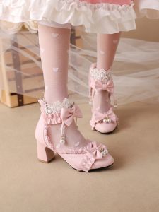 Summer Childrens Loafers Princess High Heels Girls Butterfly Knot Bow Head Cover Lolita Shoes for Girls Fashionable Sandals