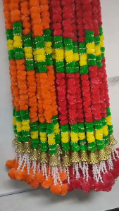 Traditional Handcrafted Artificial Marigold Flower String with Finished Acrylic Beads and Gota Ball | Diwali Decoration (Size - 5 ft length | Pack of 1 pc)