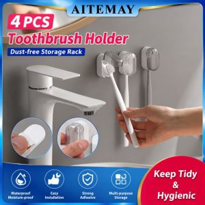 Aitemay 4Pcs Wall‑Mounted Toothbrush Holder No‑Punch Dust‑Proof Bathroom Storage Rack Space‑Saving Toothbrush Storage Box for Home Bathroom Organization