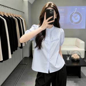 SHUAIYUE | Áo Sơ Mi Tay Ngắn Nếp Li Màu Xanh Nhạt Đơn Giản