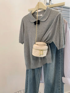 Gray Butterfly Knot Doll Collar Short Sleeve T-Shirt Women Summer New Unique Knitted Shirt Top Fashion Commute Slim Fit