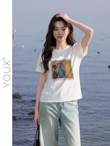 YOUXIANG | Áo Thun Mới Hè Phong Cách Graffiti Mèo Hoạt Hình