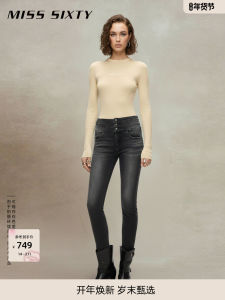 Miss Sixty High Waist Three Ring Denim Jeans Womens Tight Fit Black Grey Pencil Pants Casual Style Cotton Polyester Blend