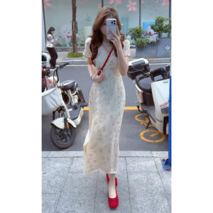 SUSIEYUAN | French Style Flower Print V-Neck Waist-Cinched Summer Long Dress
