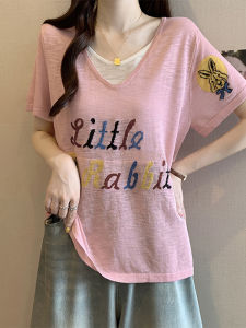 Shalldoer | Áo thun tay ngắn in chữ thiết kế hai mảnh cho nữ mùa hè mới rộng rãi thoải mái thường ngày