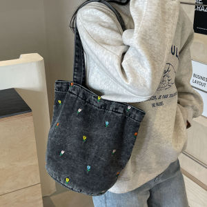 Large Capacity Embroidered Denim Bucket Bag Tote Single Shoulder Handheld Portable Shopping Bag Fashionable Canvas Handbag