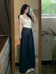 Retro Deep Blue High เอว ขากว้าง กางเกงยีนส์ ผู้หญิง ฤดูร้อน ใหม่ หลวม พรางหุ่น หลากหลาย ใหญ่ ข้อมือเสื้อ ขาตรง กางเกง