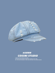 Retro Japanese Style Washed Denim Hole Octagonal Hat for Women Spring Summer Casual Versatile Artistic Painter Hat Small Face