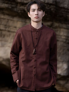 Quilted Stand Collar Long Sleeve Mens Shirt Pure Color Retro Chinese Style Winter Fashion Casual Loose Fit Youth Pop