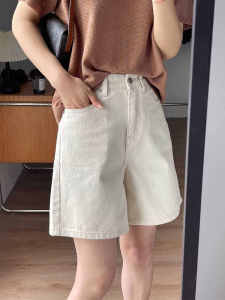 Summer Thin Light Beige Five-Quarter High Waist Denim Shorts Women Loose Hiding Hip Slimming Trendy Straight Student Mid-Length Jeans
